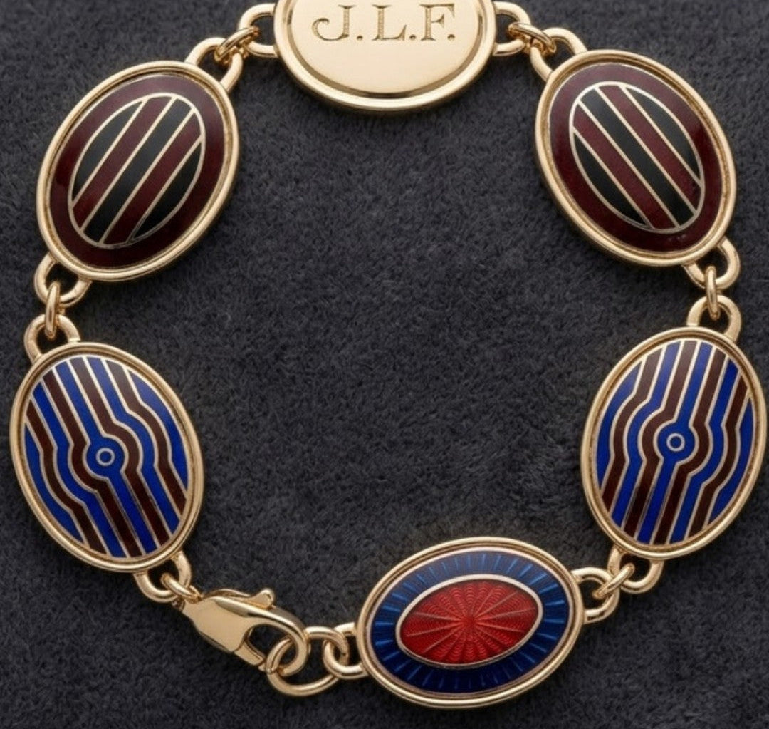 Gold bracelet made from a father's enamel cuff links, redesigned by Kate Rose