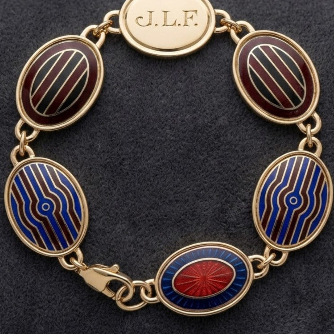 Gold bracelet made from a father's enamel cuff links, redesigned by Kate Rose