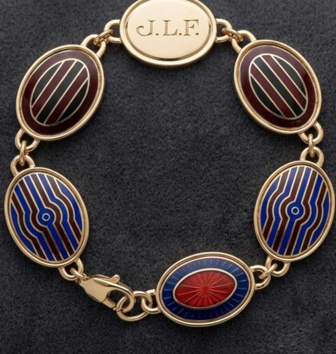 Gold bracelet made from a father's enamel cuff links, redesigned by Kate Rose