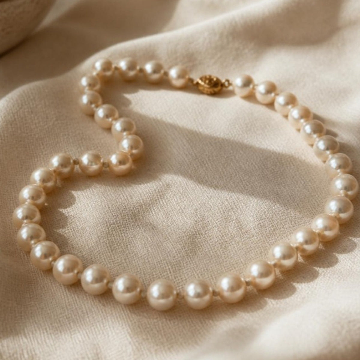 Strand of cream pearls, hand-knotted on silk with a gold clasp