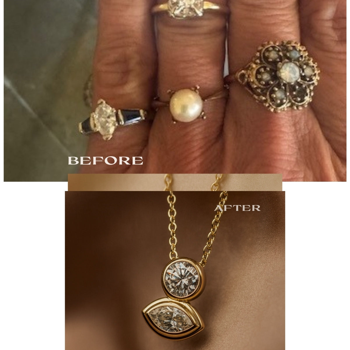 Before and after: diamonds from several family rings combined into one gold two-stone pendant necklace