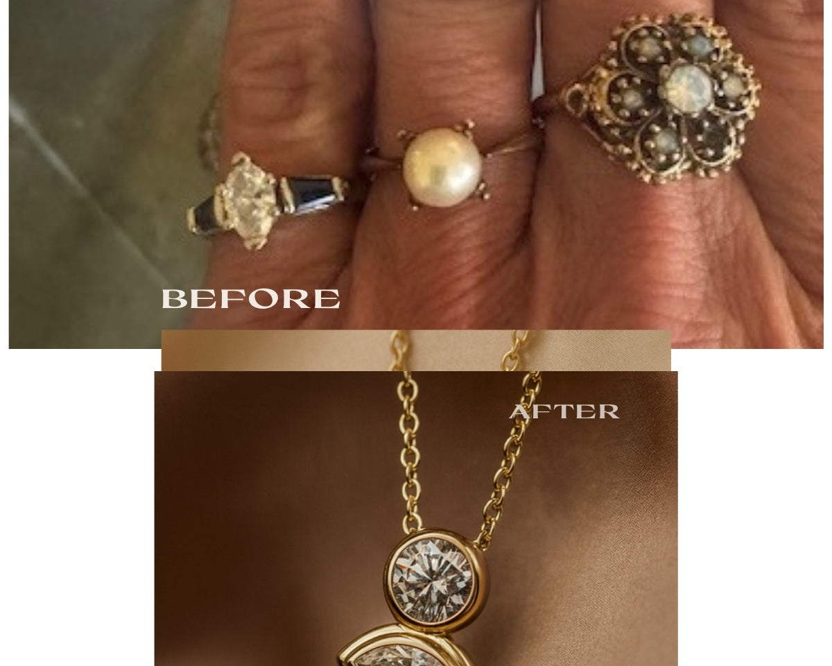 Before and after: diamonds from several family rings combined into one gold two-stone pendant necklace