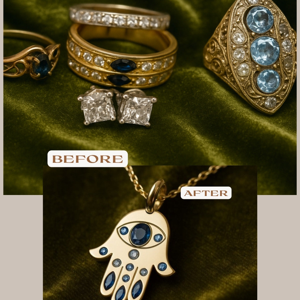 Before and after: several inherited gold rings and diamond studs remade into one gold hamsa pendant with sapphires and diamonds