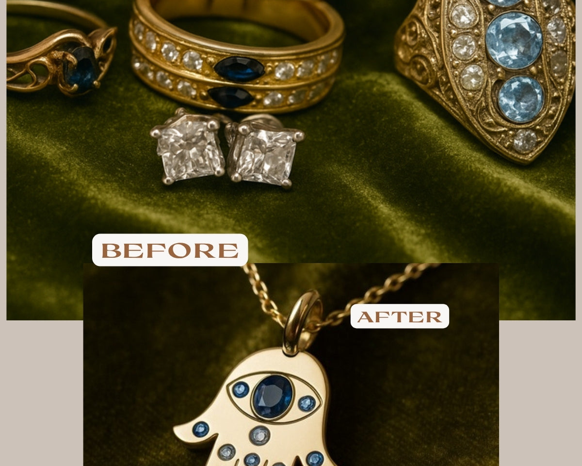 Before and after: several inherited gold rings and diamond studs remade into one gold hamsa pendant with sapphires and diamonds
