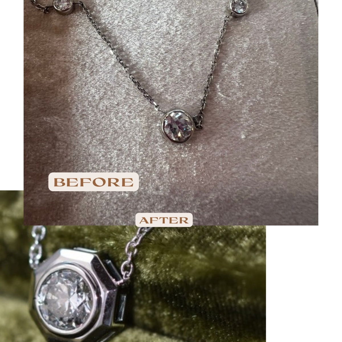 Before and after: diamond from a station necklace reset into a white gold octagonal bezel pendant