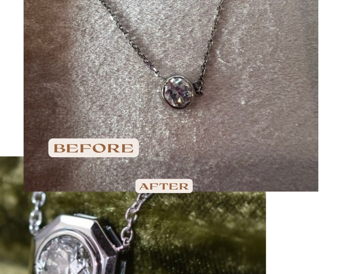 Before and after: diamond from a station necklace reset into a white gold octagonal bezel pendant
