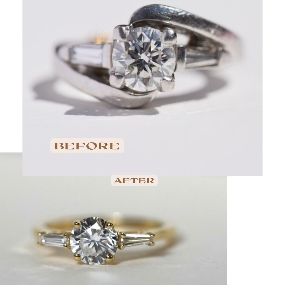 Before and after: round diamond with baguettes reset from a bypass setting into a yellow gold three-stone ring