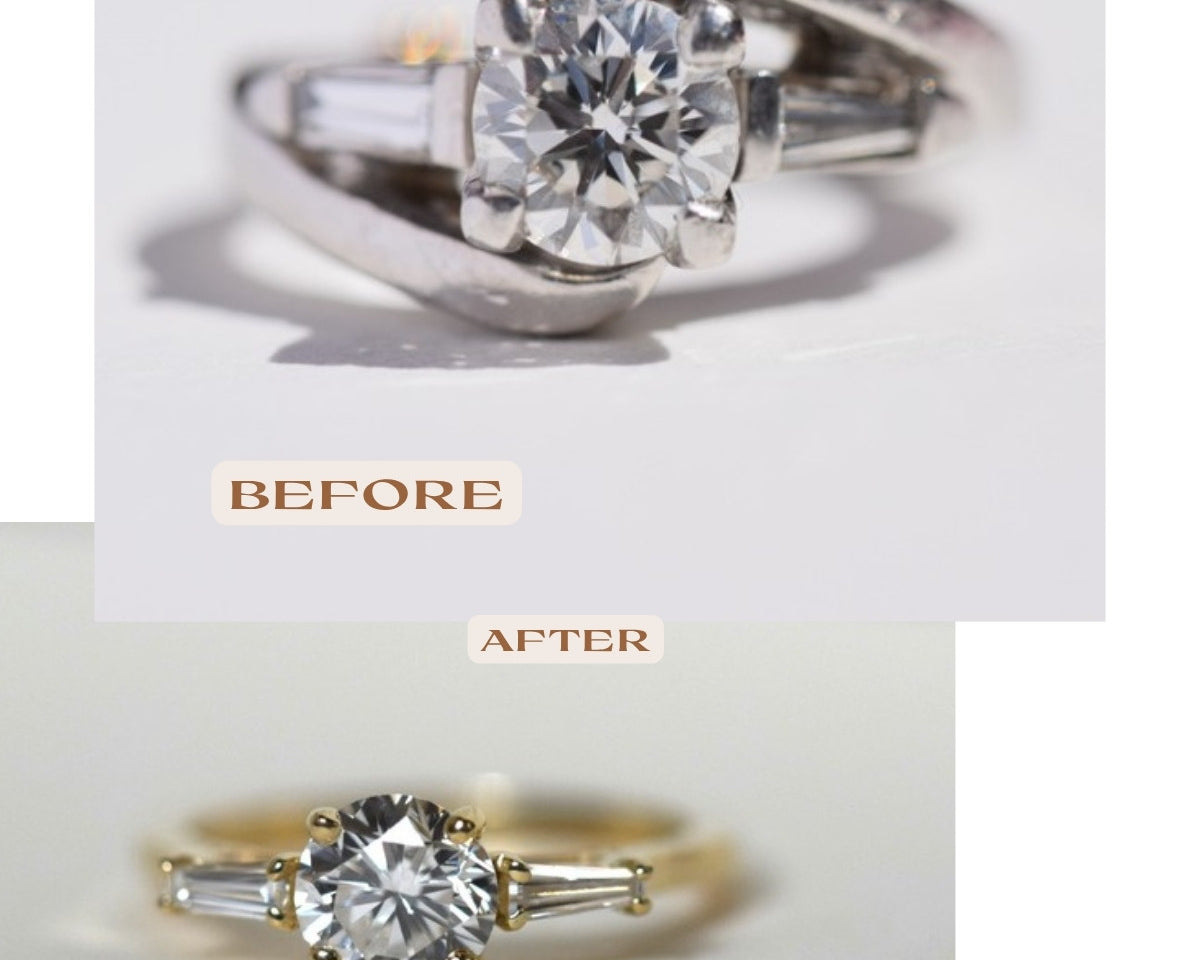 Before and after: round diamond with baguettes reset from a bypass setting into a yellow gold three-stone ring