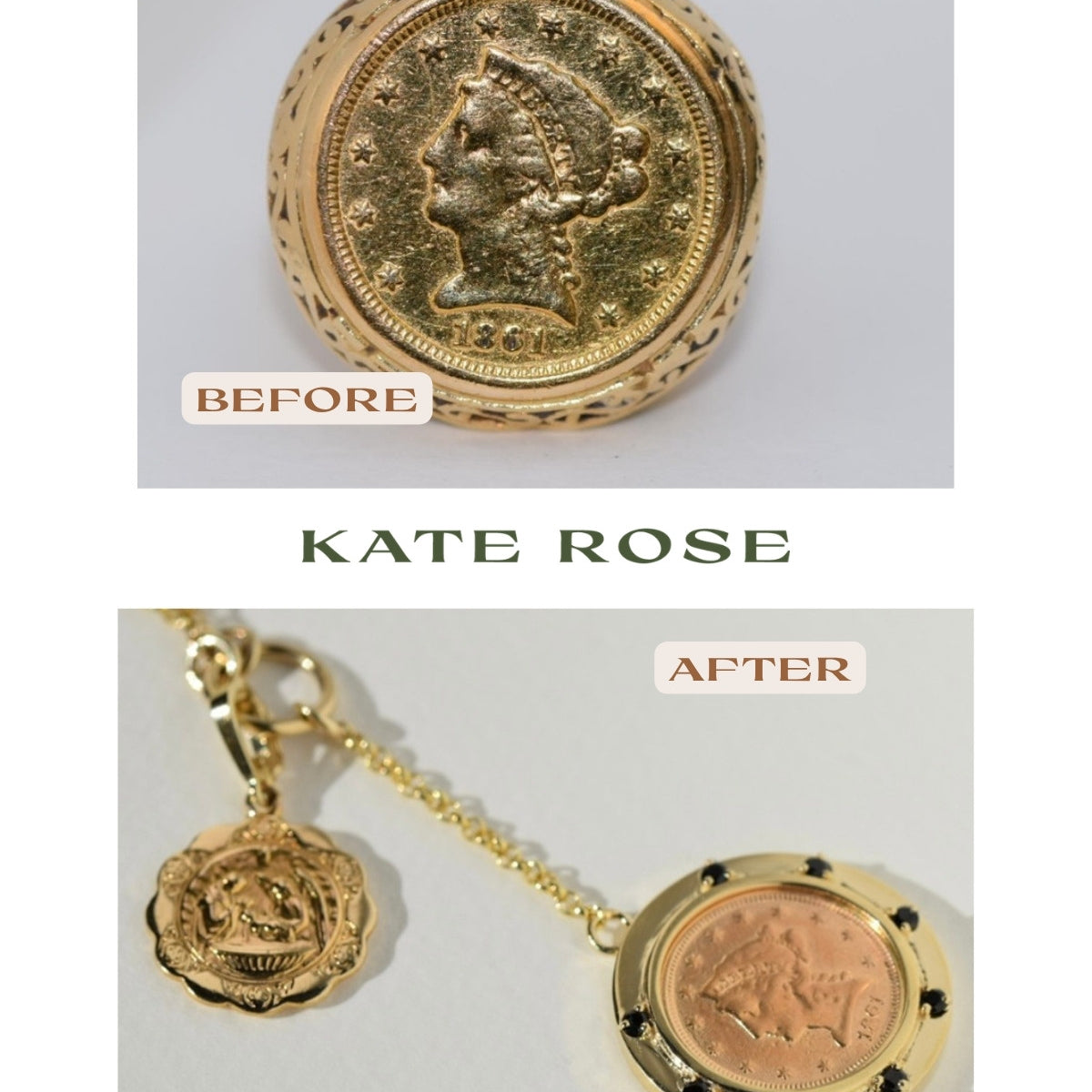 Before and after: a grandfather's gold coin ring remade into a coin pendant