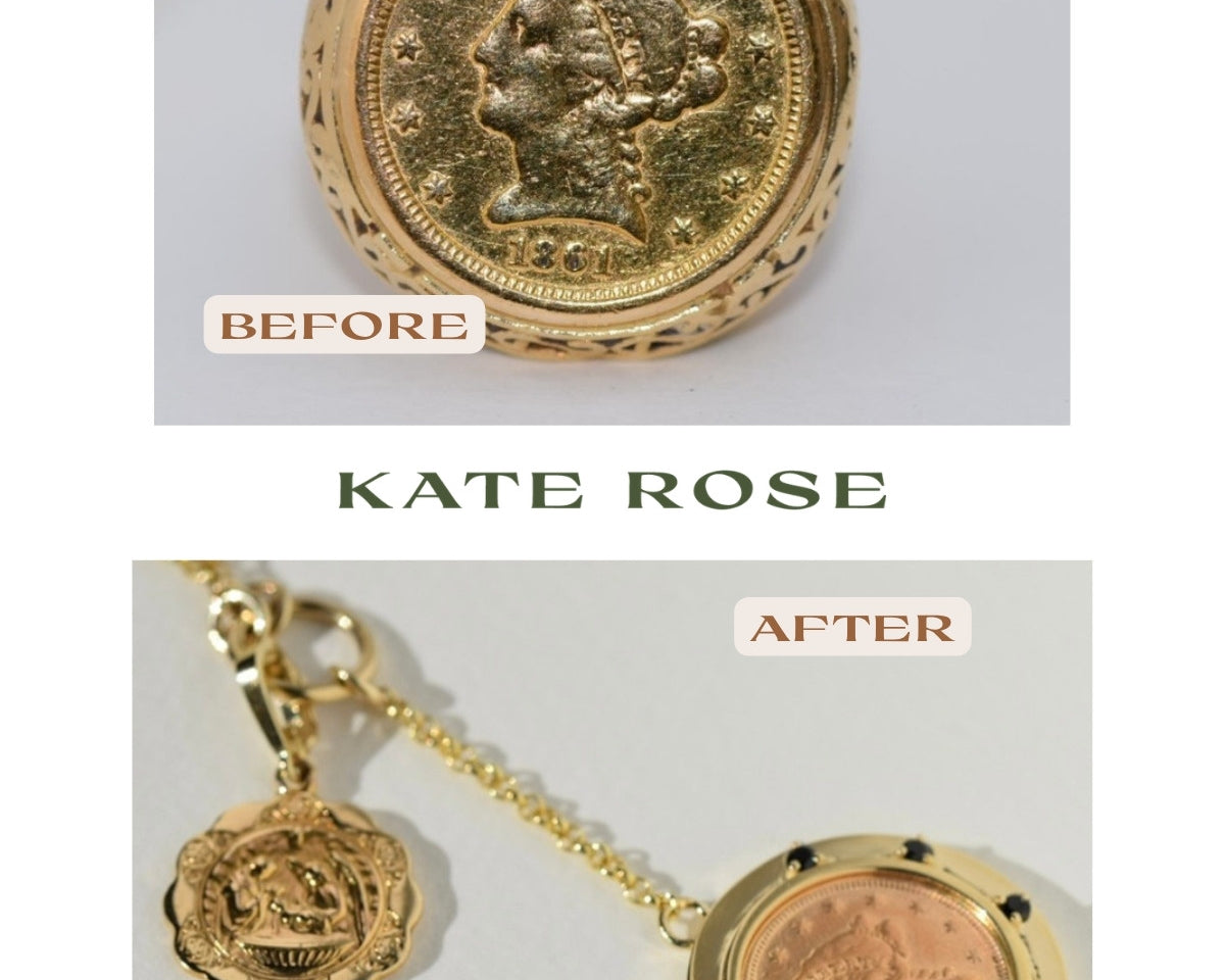 Before and after: a grandfather's gold coin ring remade into a coin pendant