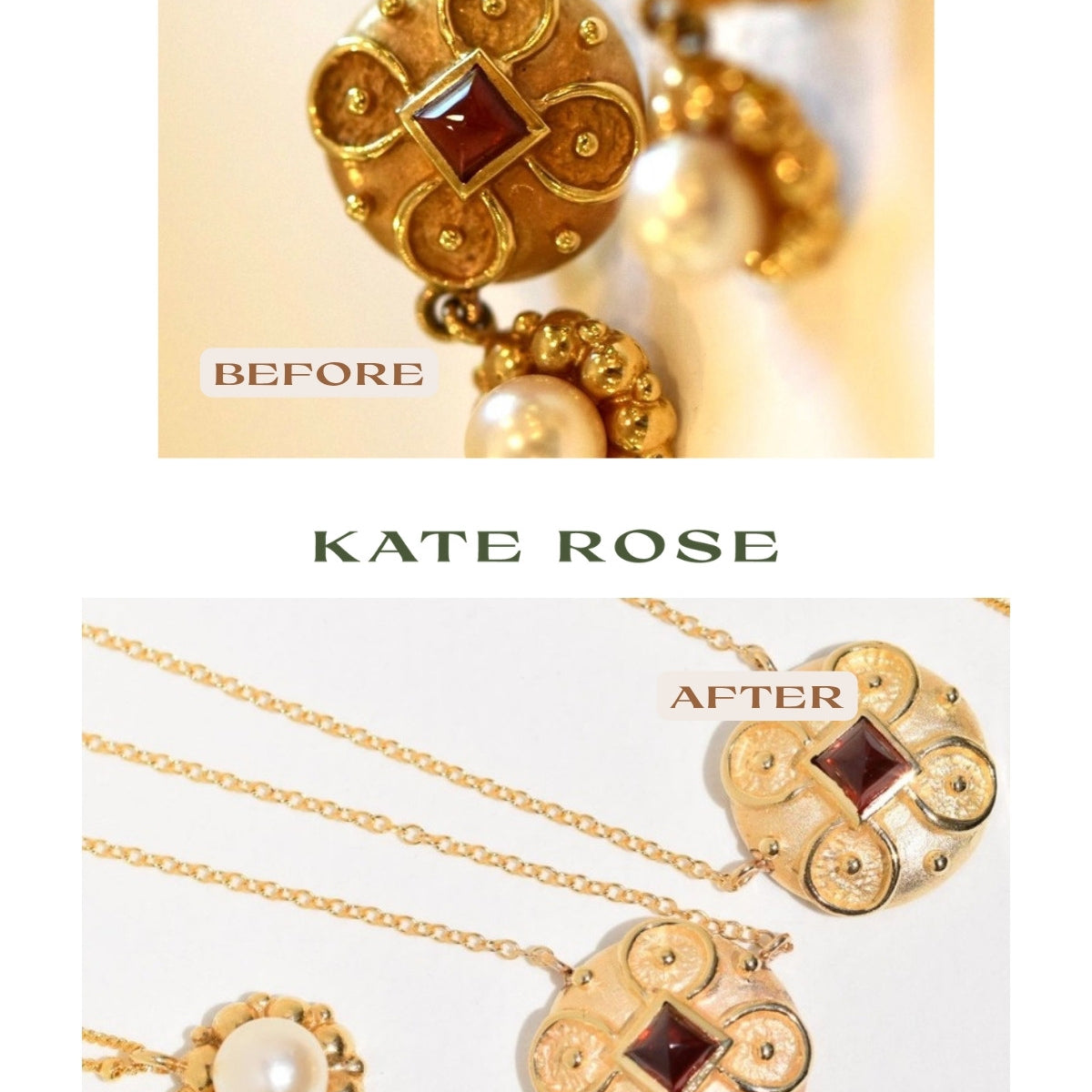 Before and after: inherited gold and pearl earrings redesigned into pearl and garnet pendant necklaces
