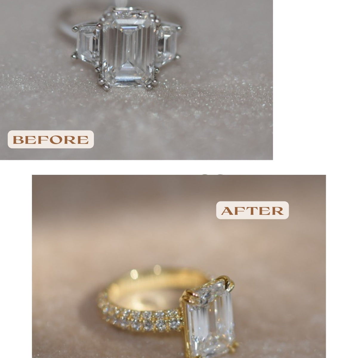 Before and after: emerald-cut diamond reset from a platinum three-stone ring into a yellow gold pavé setting