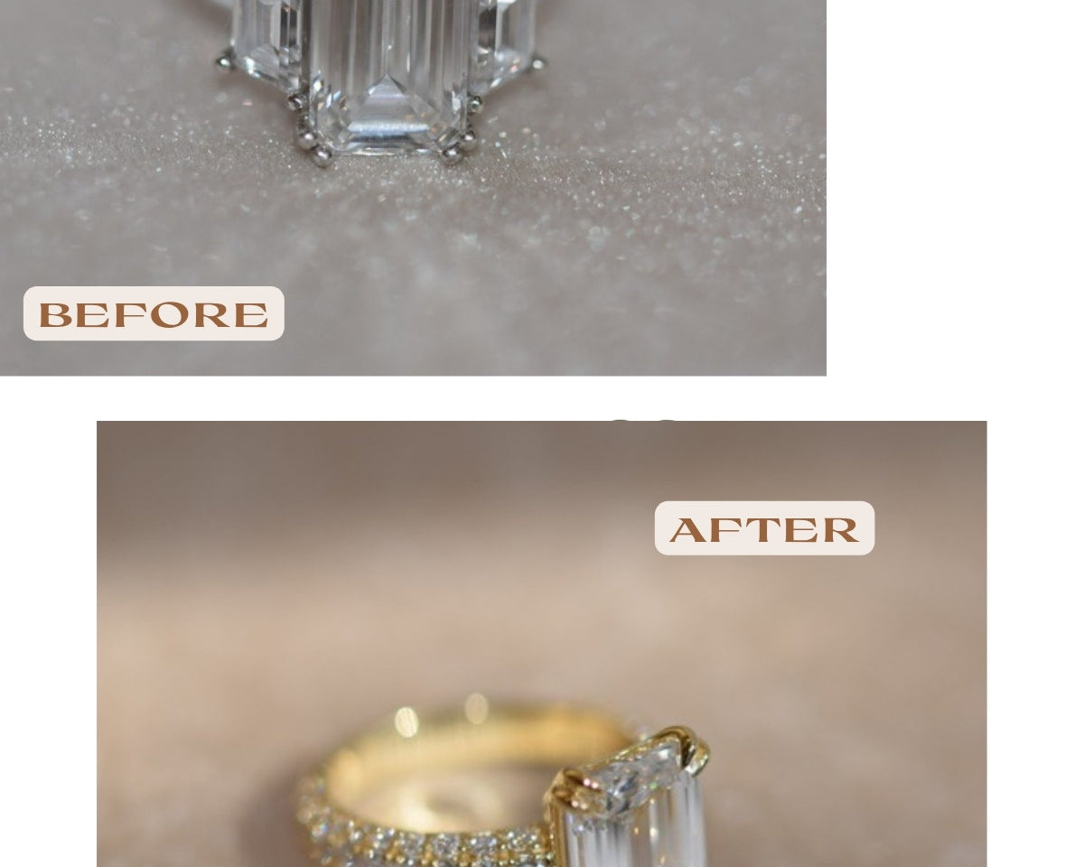 Before and after: emerald-cut diamond reset from a platinum three-stone ring into a yellow gold pavé setting