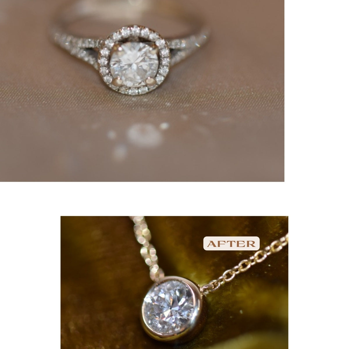 Before and after: round diamond from a halo engagement ring reset into a gold bezel pendant
