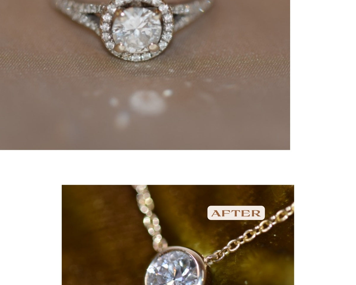 Before and after: round diamond from a halo engagement ring reset into a gold bezel pendant