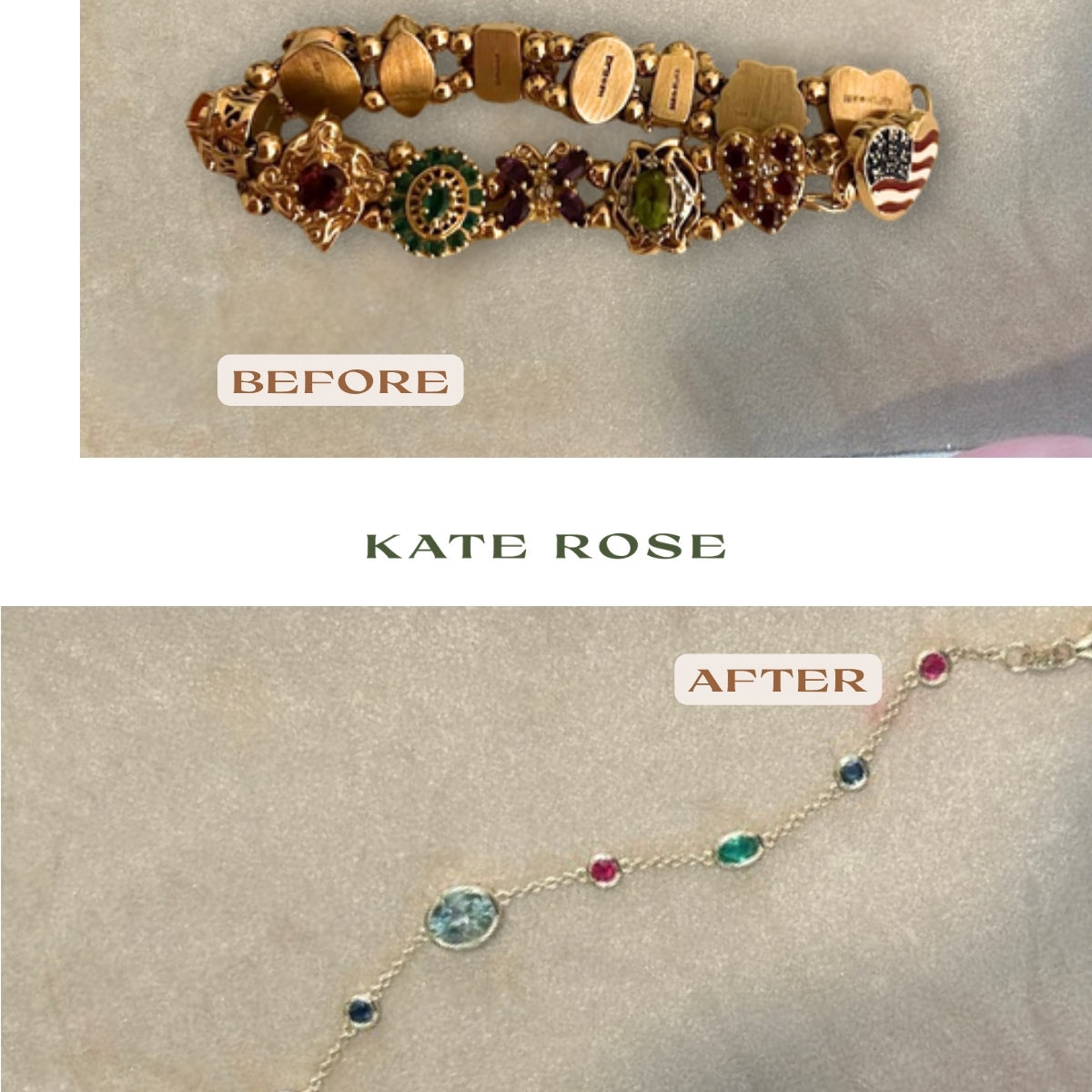 Before and after: a client's family stones reset into a gold station necklace