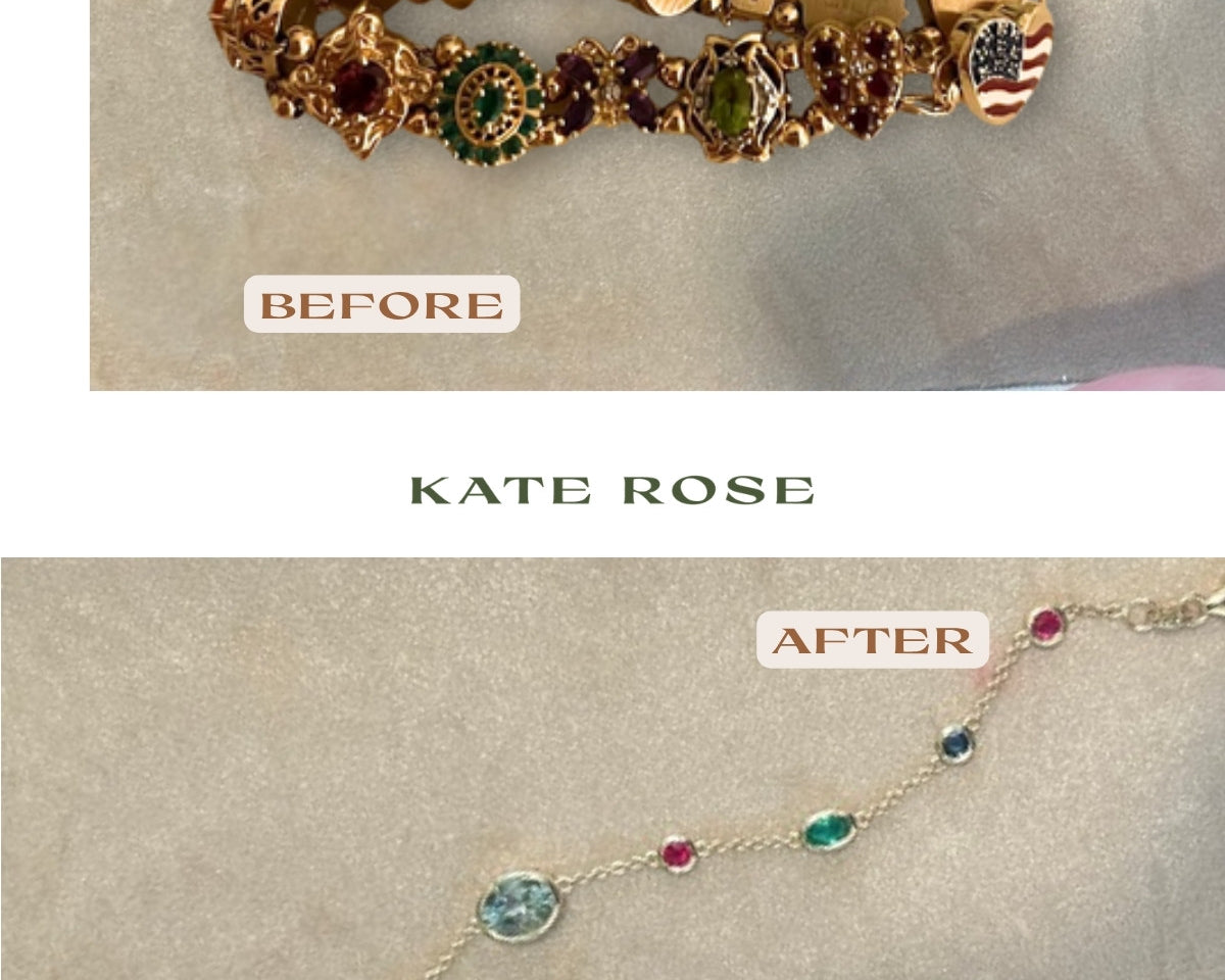Before and after: a client's family stones reset into a gold station necklace