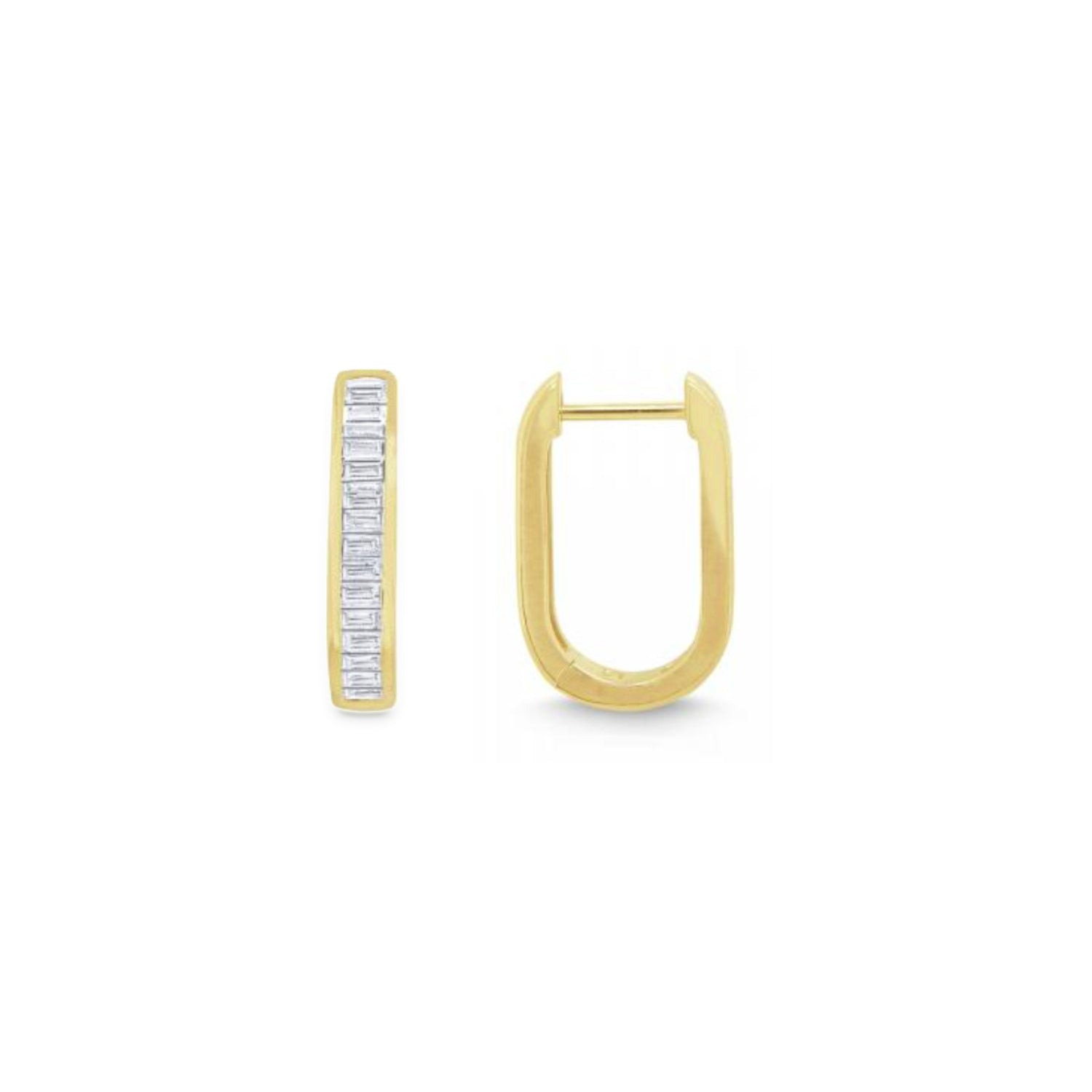 Baguette Cut Diamond Oblong Hoop Earrings in Yellow Gold