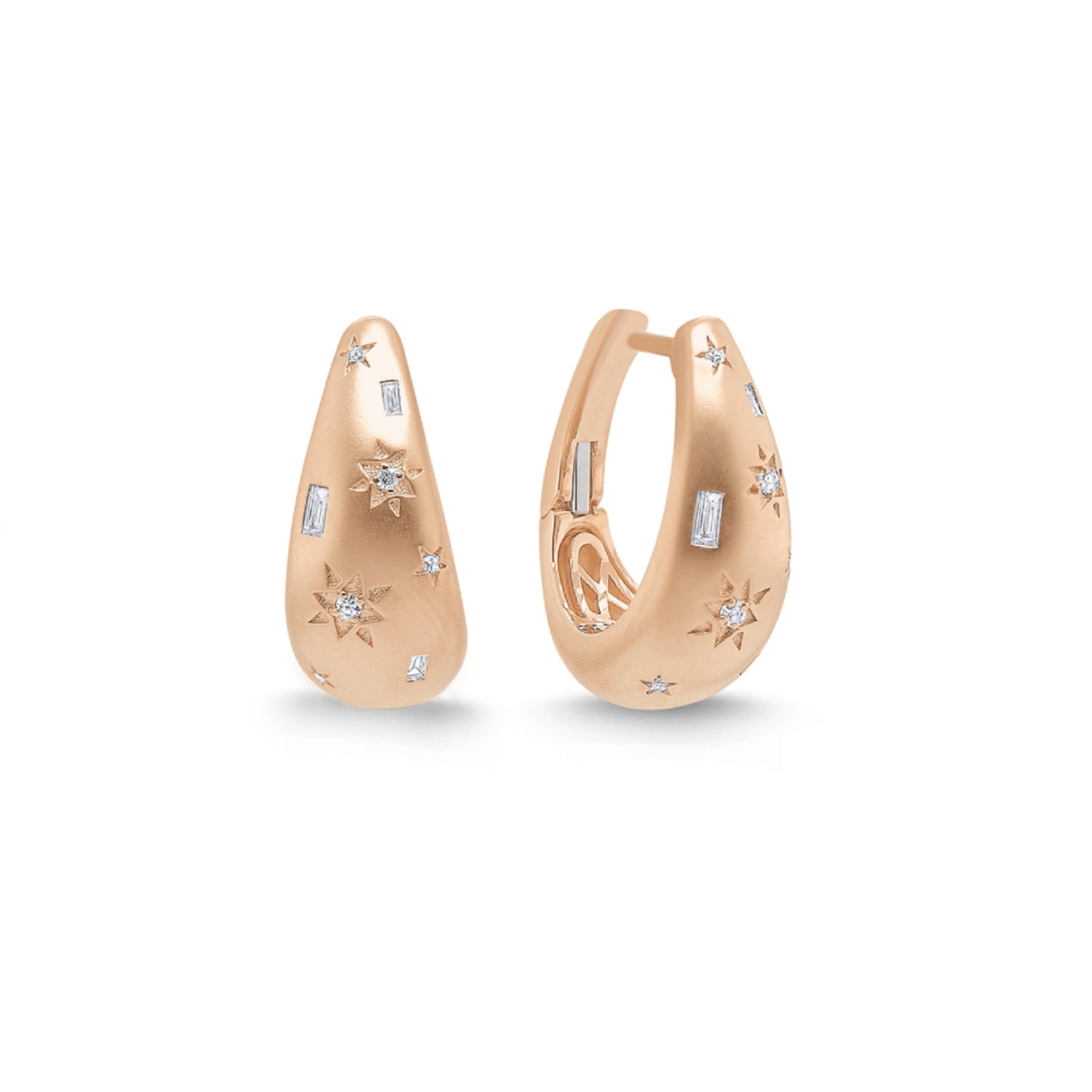 Baguette and Round Brilliant Cut Diamond Celestial Dome Earrings in Rose Gold