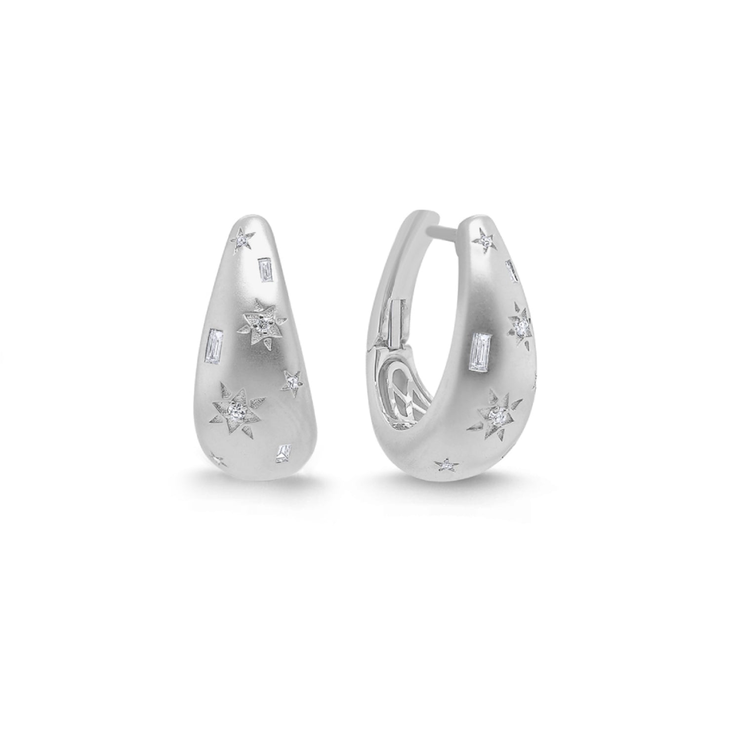 Baguette and Round Brilliant Cut Diamond Celestial Dome Earrings in White Gold