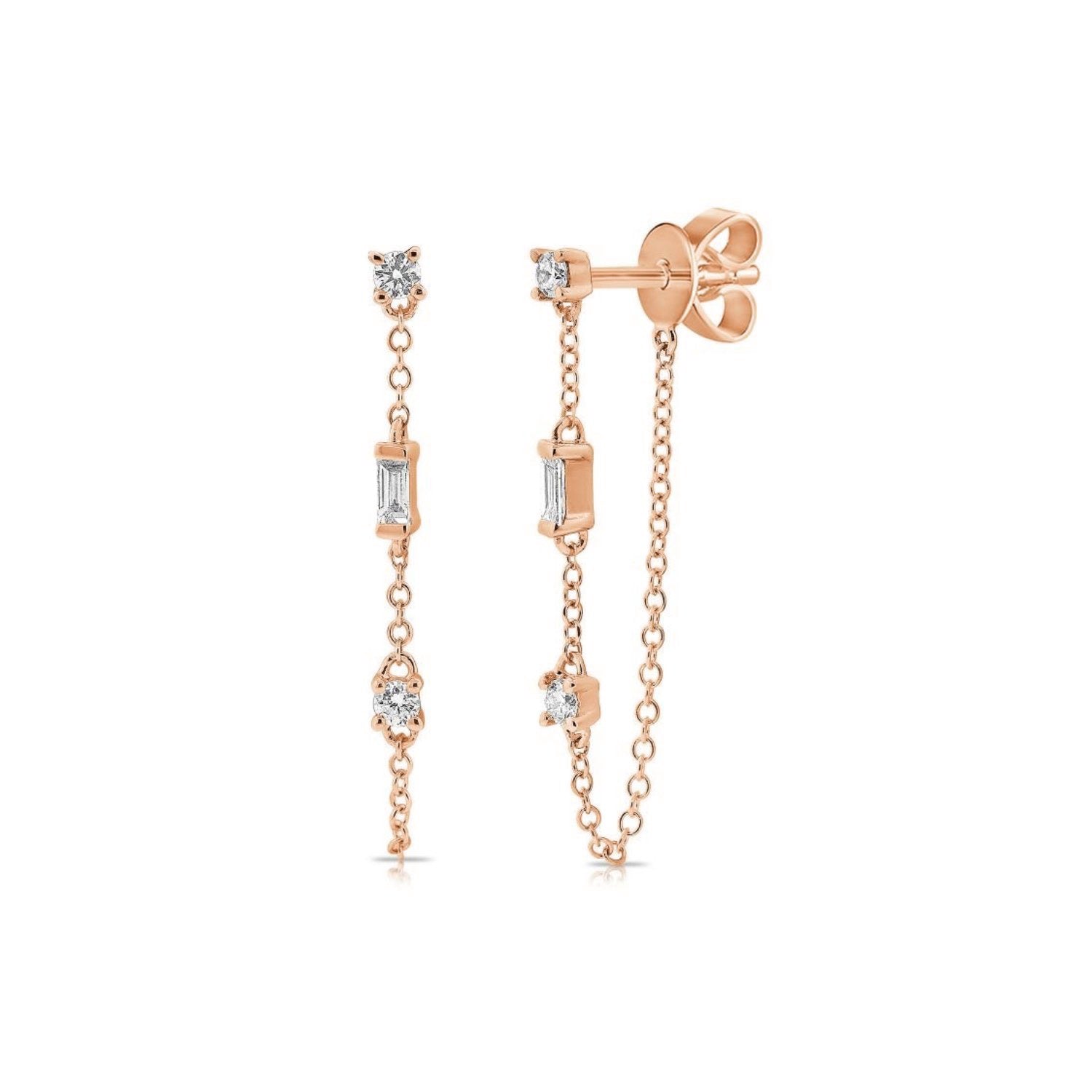 Baguette and Round Brilliant Cut Diamond Chain Earrings in Rose Gold