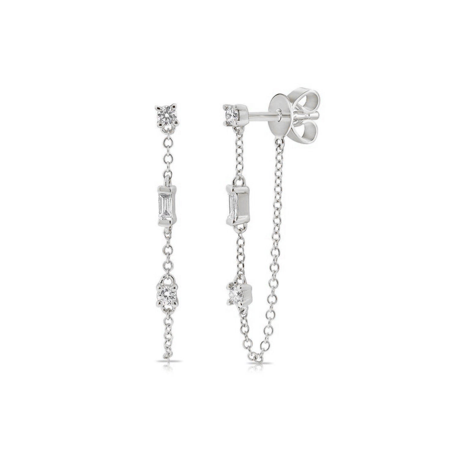 Baguette and Round Brilliant Cut Diamond Chain Earrings in White Gold