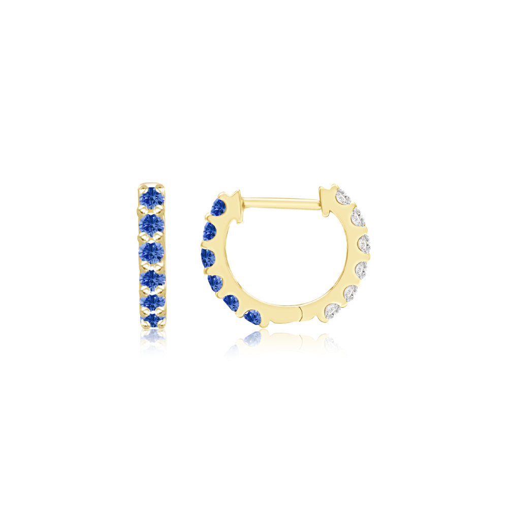 Blue Sapphire and Diamond Reversible Huggie Hoop Earrings in Yellow Gold
