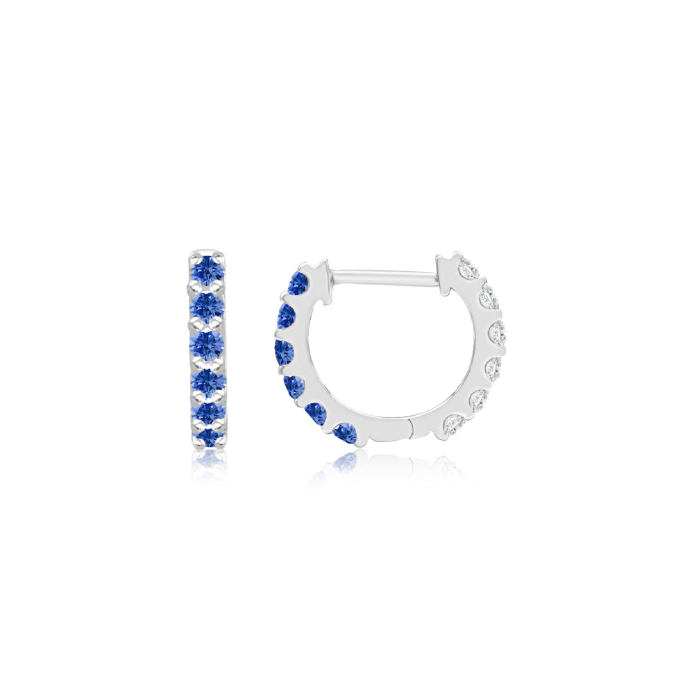 Blue Sapphire and Diamond Reversible Huggie Hoop Earrings in White Gold
