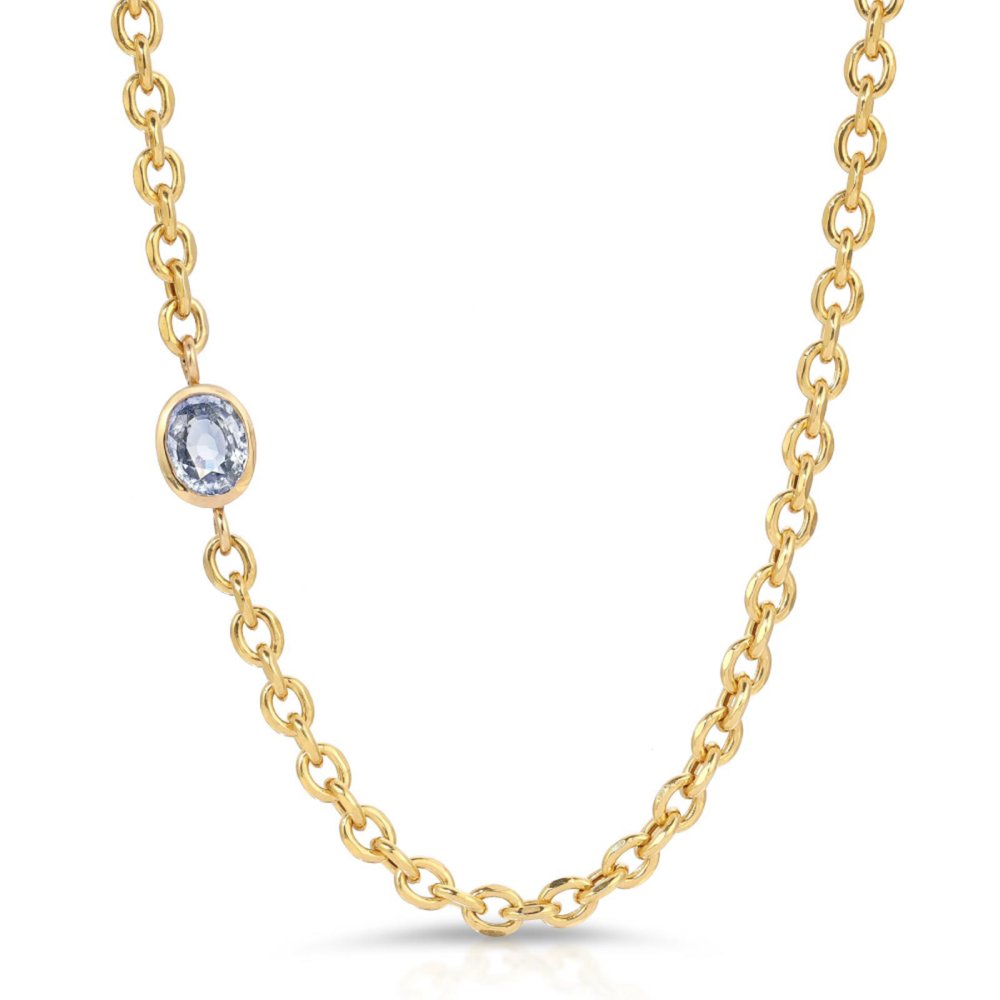 Drift Off-Center Oval Cut Blue Sapphire Semi-Solid Gold Necklace 