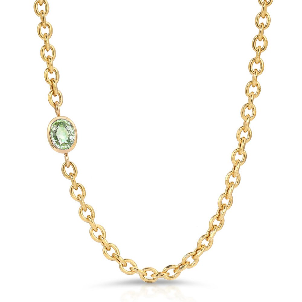 Drift Off-Center Oval Cut Green Sapphire Semi-Solid Gold Necklace