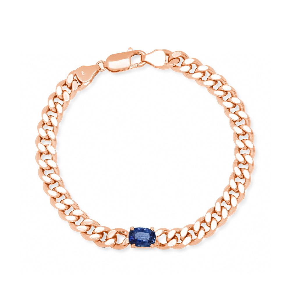 Elongated Cushion Cut Blue Sapphire Semi-Solid Gold Curb Bracelet in Rose Gold