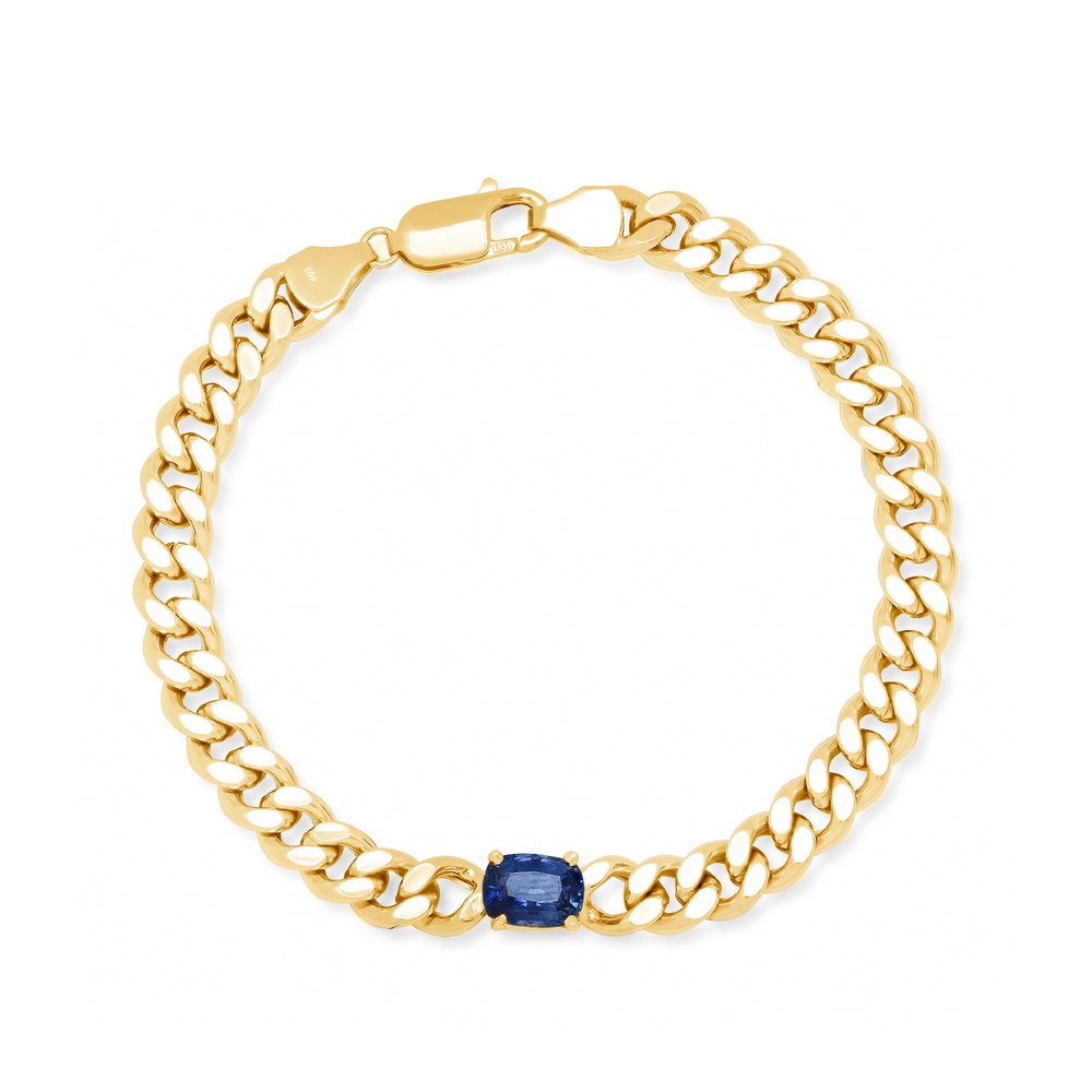 Elongated Cushion Cut Blue Sapphire Semi-Solid Gold Curb Bracelet in Yellow Gold