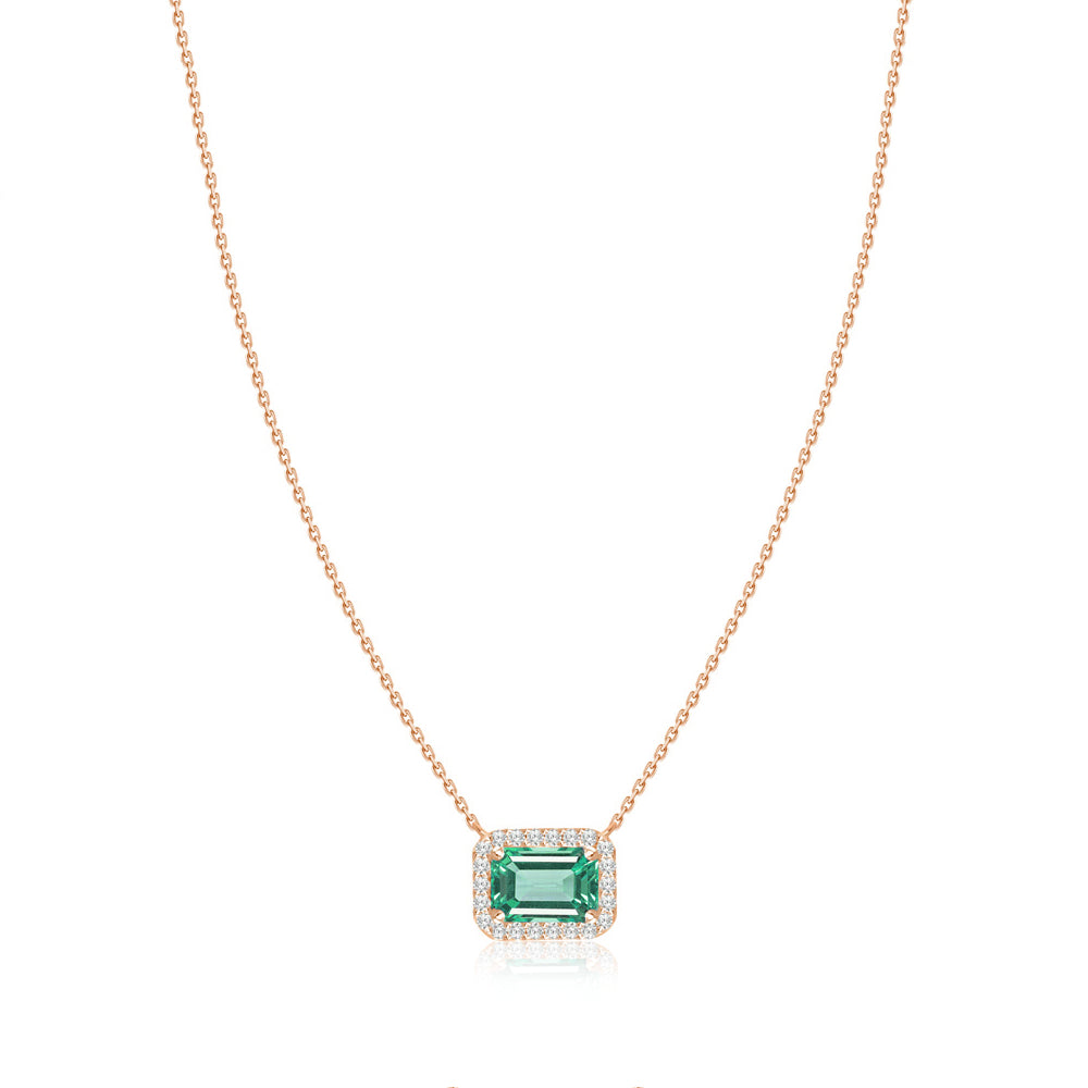 Emerald Cut Emerald Diamond Halo Necklace in Rose Gold