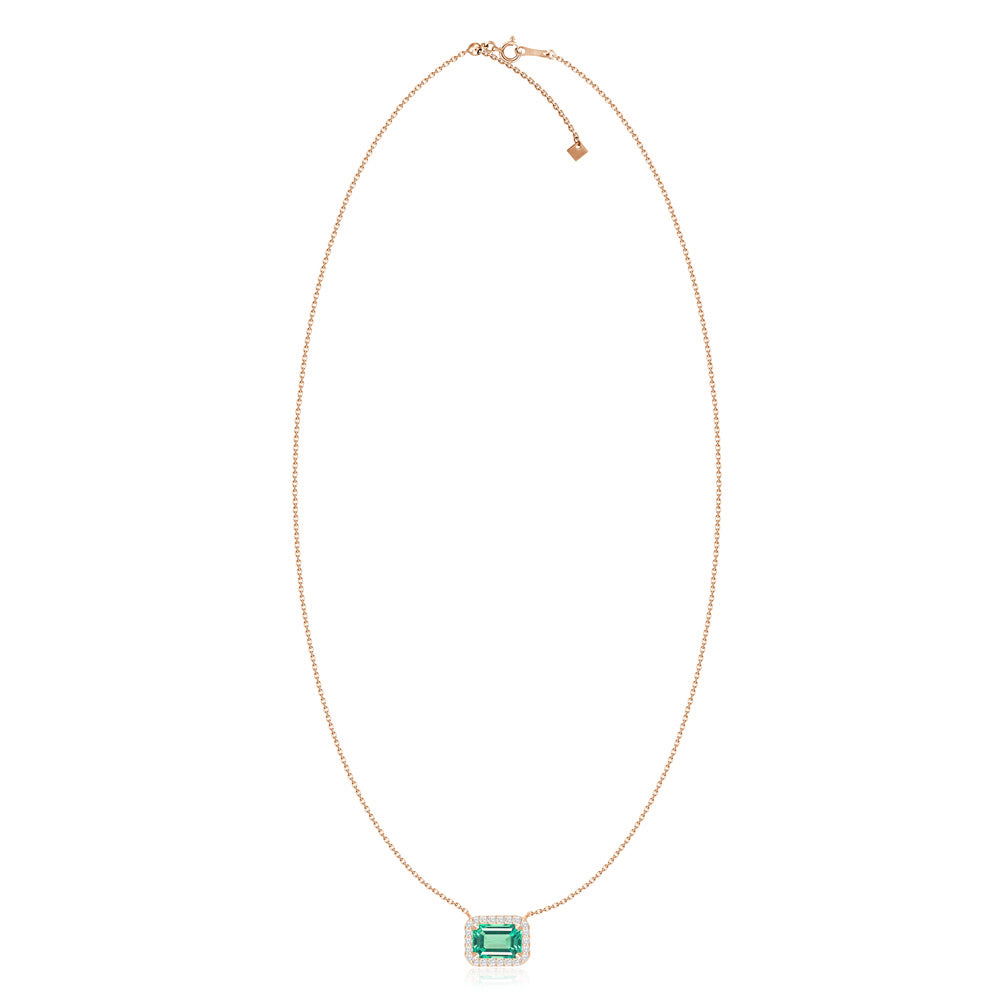 Emerald Cut Emerald Diamond Halo Necklace in Rose Gold Full View