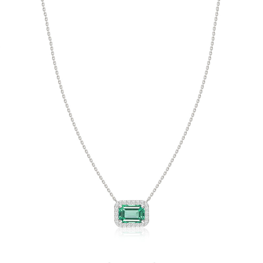 Emerald Cut Emerald Diamond Halo Necklace in White Gold