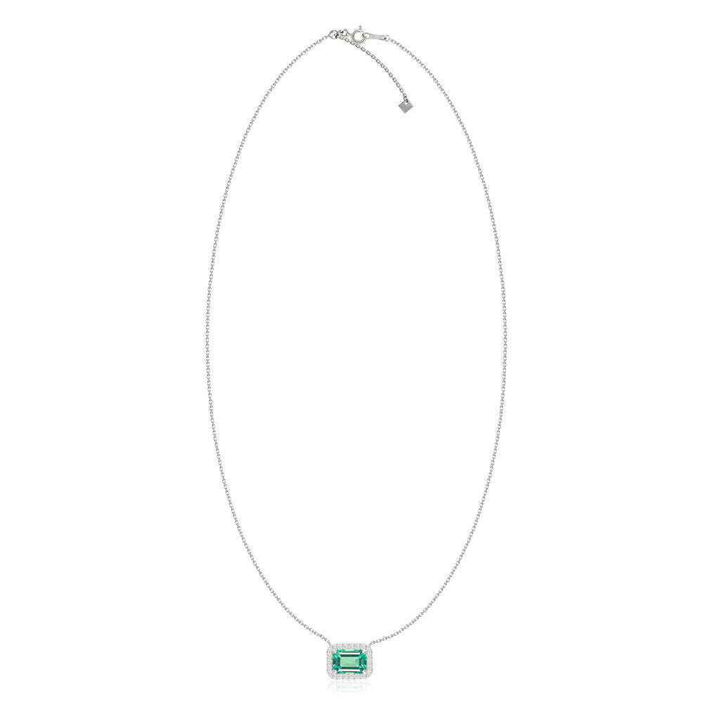 Emerald Cut Emerald Diamond Halo Necklace in White Gold Full View