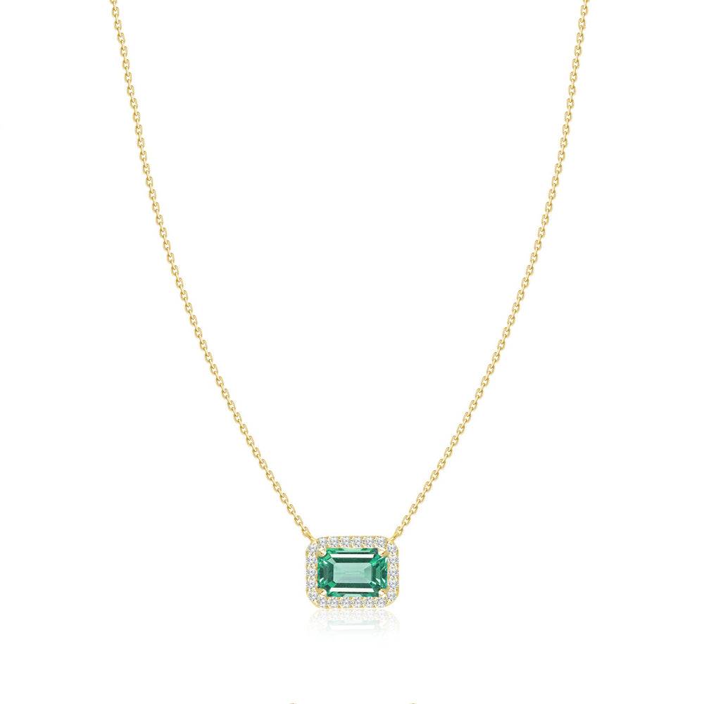Emerald Cut Emerald Diamond Halo Necklace in Yellow Gold