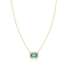 Emerald Cut Emerald Diamond Halo Necklace in Yellow Gold