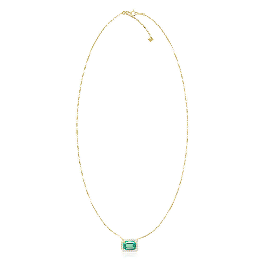 Emerald Cut Emerald Diamond Halo Necklace in Yellow Gold Full View