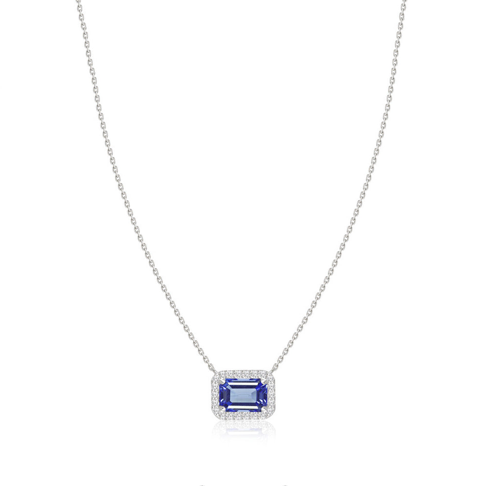Emerald Cut Sapphire Diamond Halo Necklace in White Gold