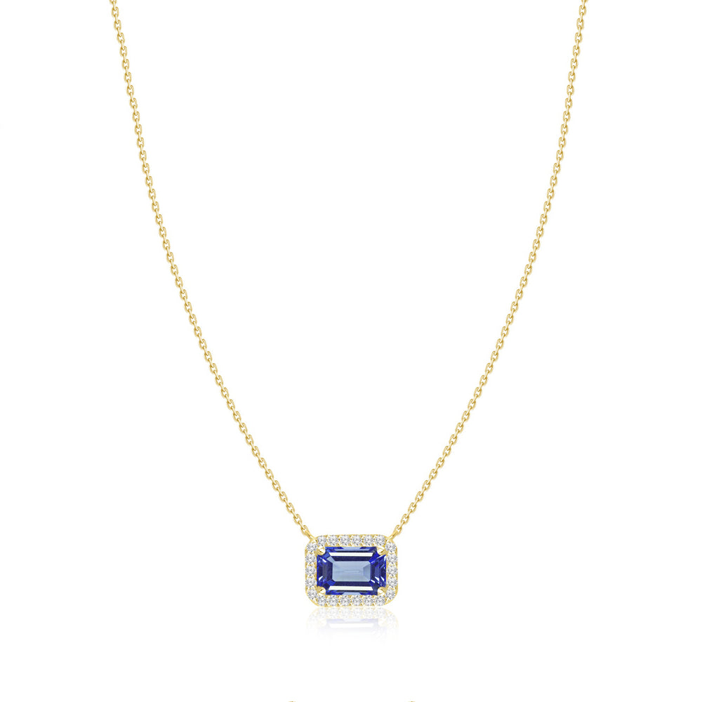 Emerald Cut Sapphire Diamond Halo Necklace in Yellow Gold
