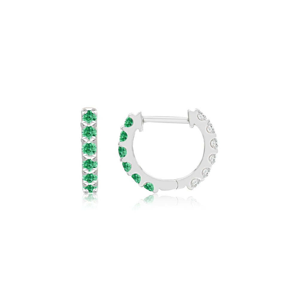 Emerald and Diamond Reversible Huggie Hoop Earrings in White Gold