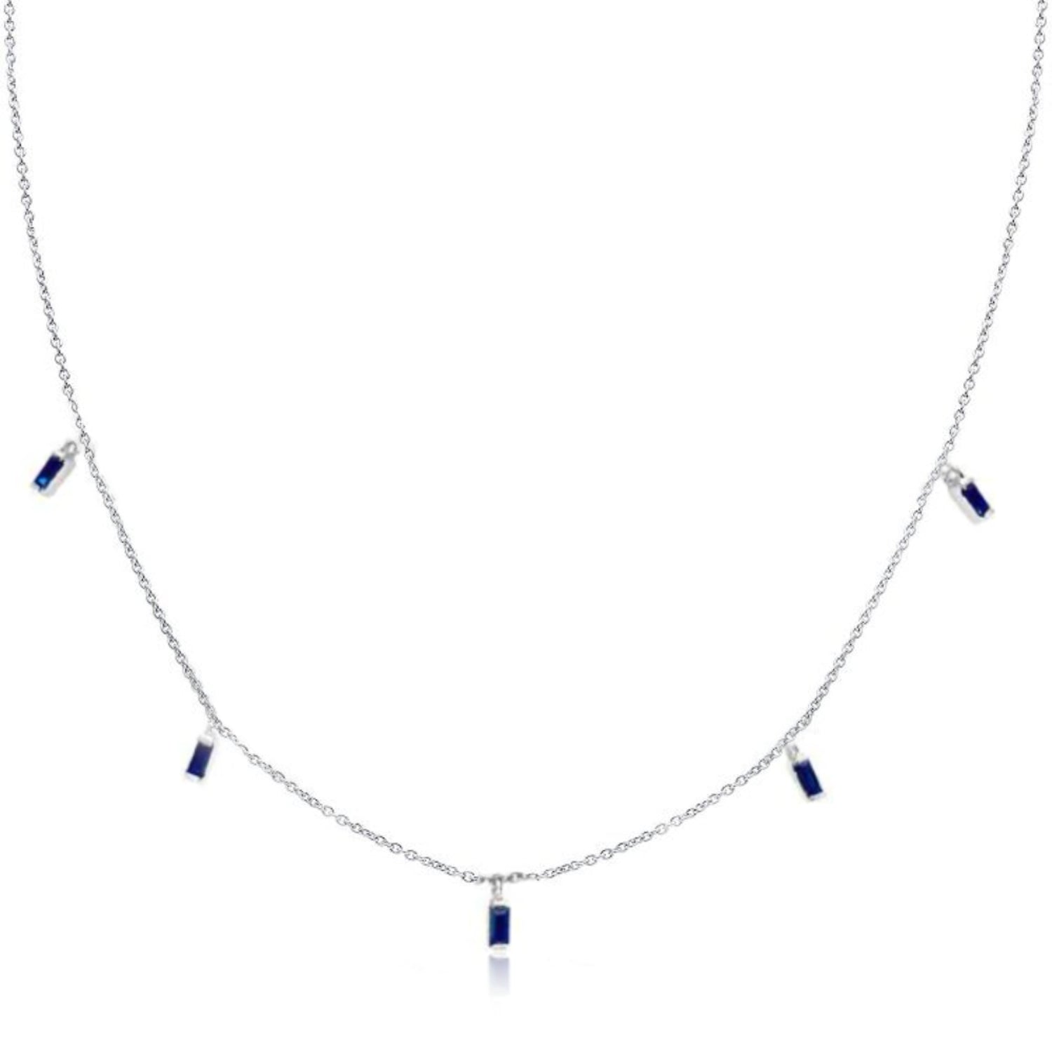 Floating Baguette Cut Blue Sapphire Necklace in White Gold