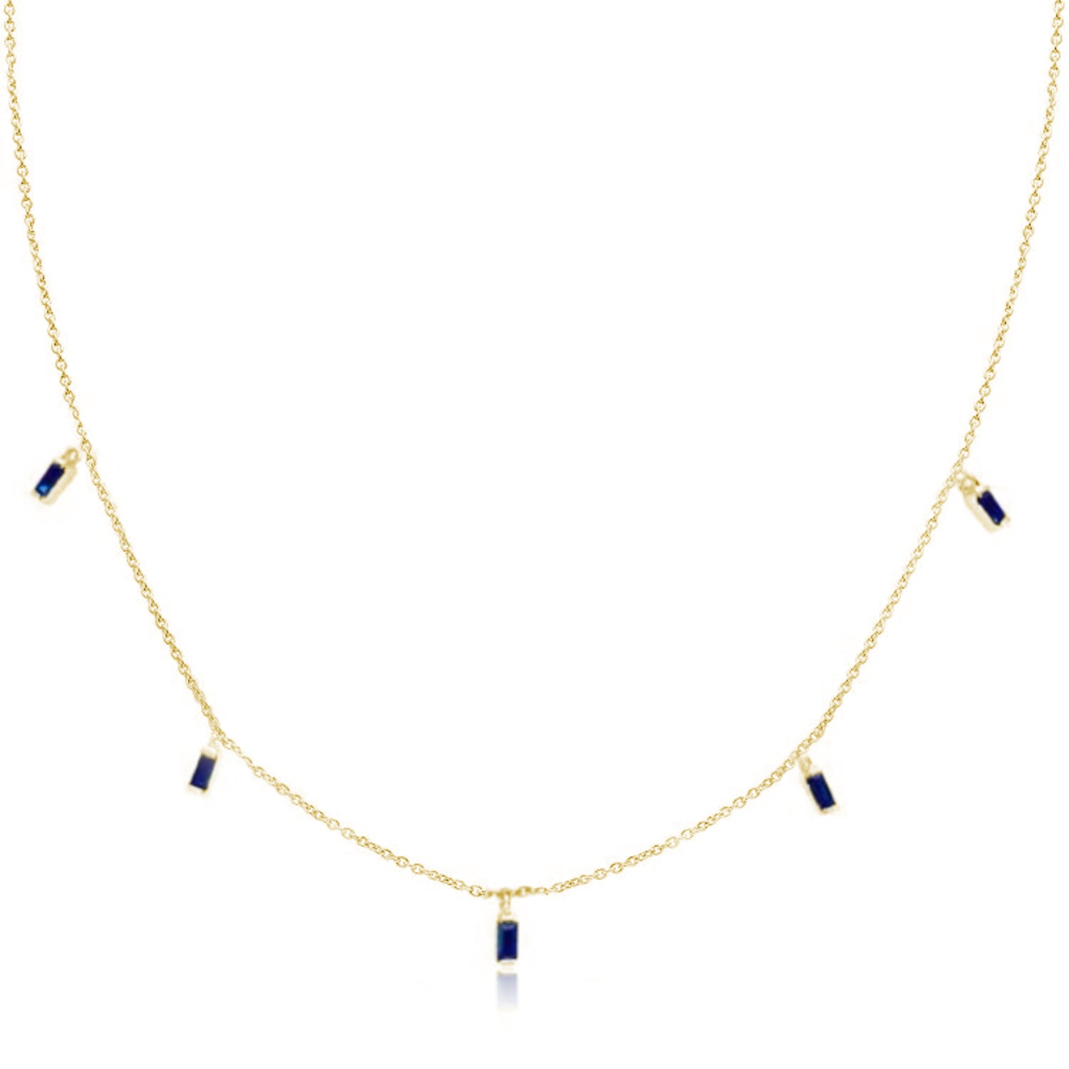 Floating Baguette Cut Blue Sapphire Necklace in Yellow Gold
