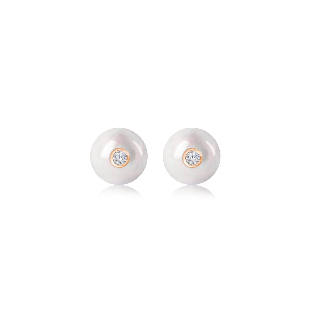 Freshwater Pearl and Diamond Bezel Stud Earrings in Rose Gold