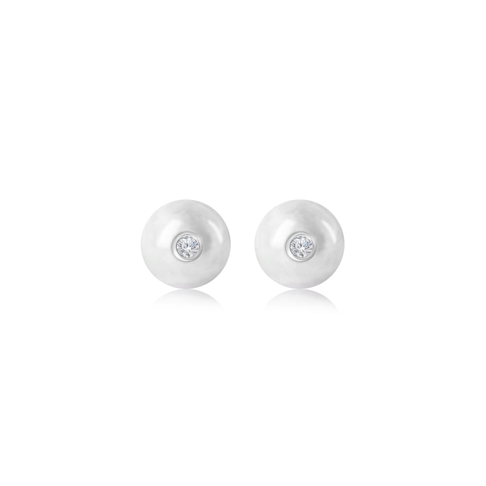 Freshwater Pearl and Diamond Bezel Stud Earrings in White Gold