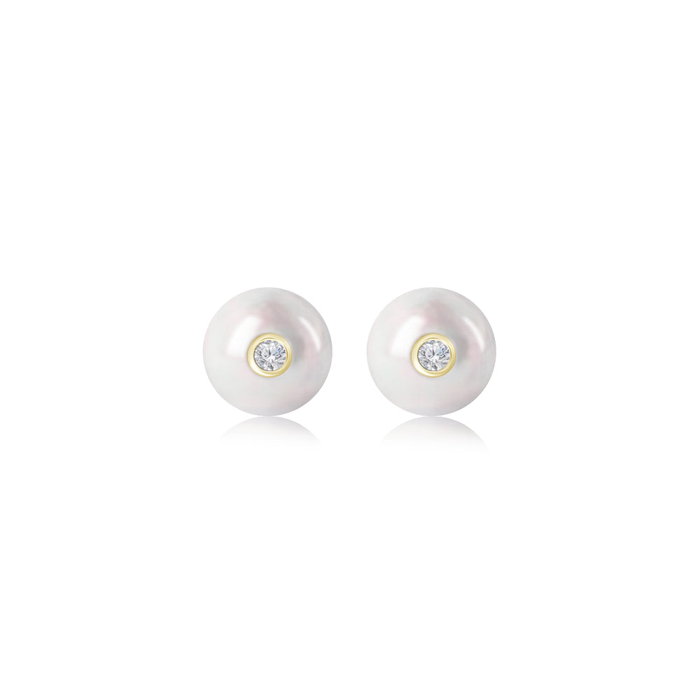 Freshwater Pearl and Diamond Bezel Stud Earrings in Yellow Gold