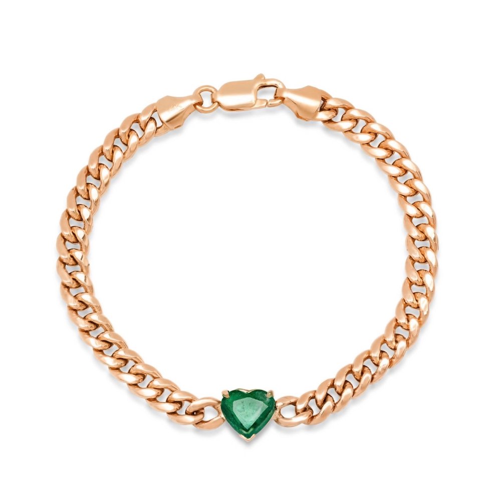 Heart-Shaped Emerald Semi-Solid Gold Curb Bracelet in Rose Gold