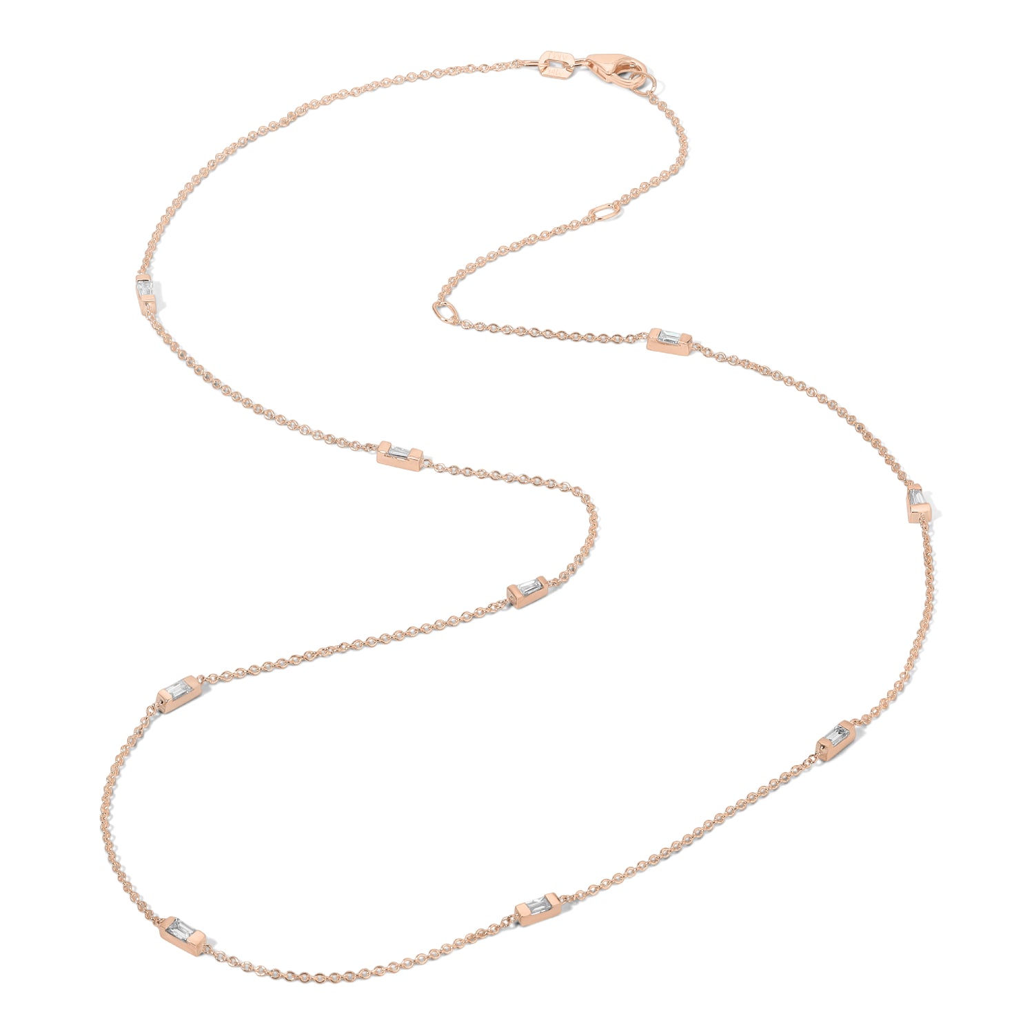 Mixed Baguette Cut Diamond Station Necklace in Rose Gold Full View