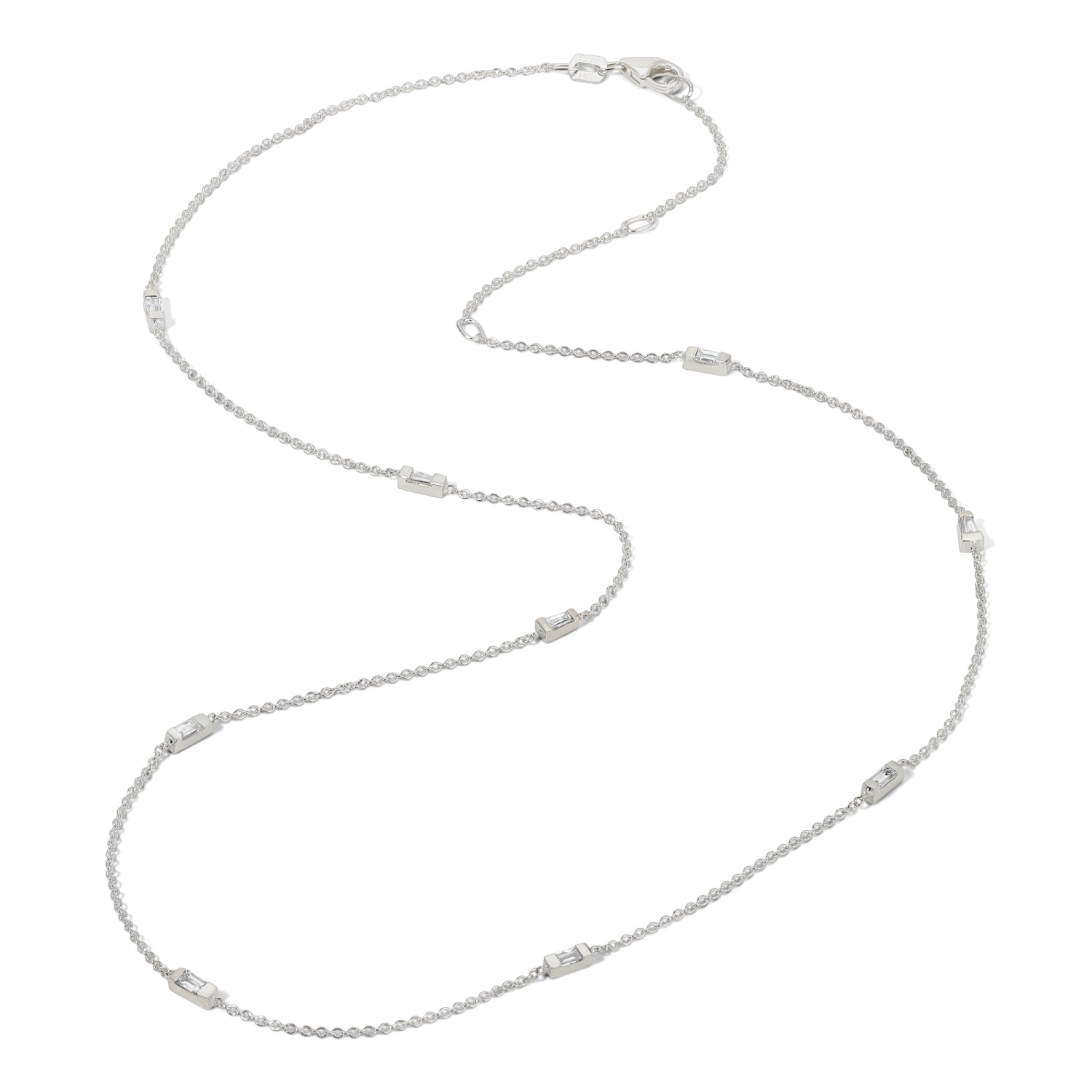 Mixed Baguette Cut Diamond Station Necklace in White Gold Full View
